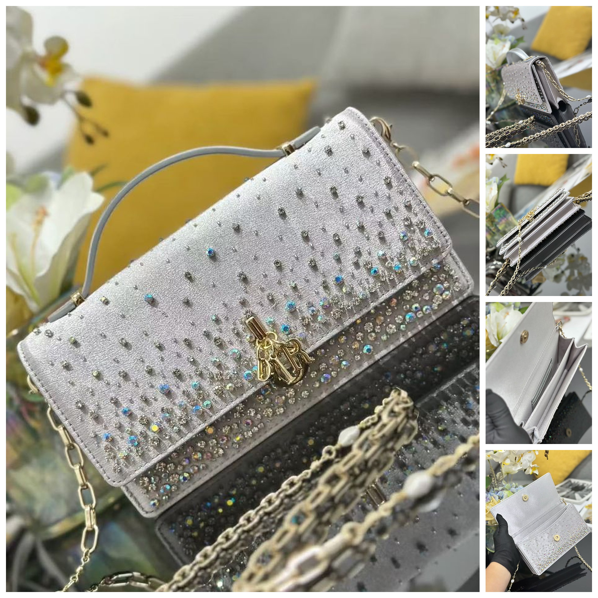 Crystal-Embellished Evening Handbag — Light Silver Grey, Pale Gold Clasp